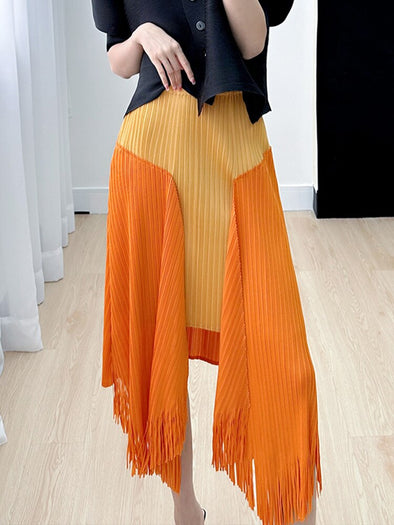 Spliced Tassel Women Pleated Skirt Summer Spring  Color Block Fashion Elastic Waist Irregular Loose Cloth